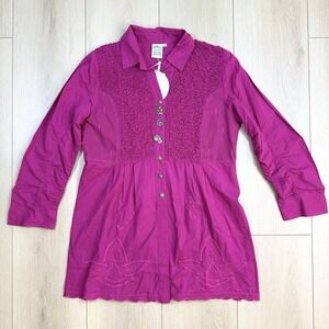 Parsley & Sage Fuchsia Embroidered Cotton Tunic Top‎ Handwoven Buttons S NWT